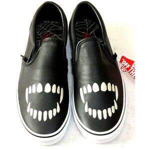 Vans Men's Classic Slip On Fangs Black True White Leather Shoes Size 9 NIB